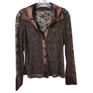She's Long-Sleeve Sheer Lace Blouse Women Small w/ Satin Trim Brown